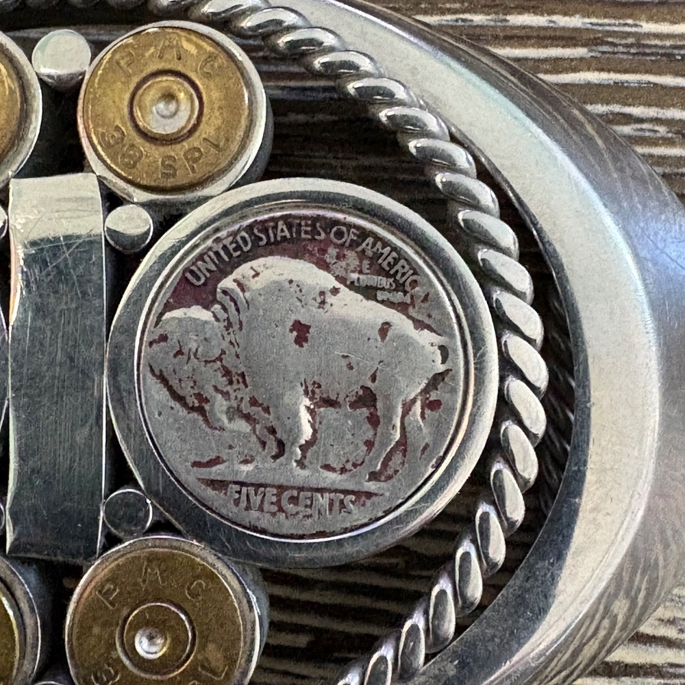 Vintage custom belt buckle featuring Buffalo nickels and brass bullet casings - Picture 9 of 16